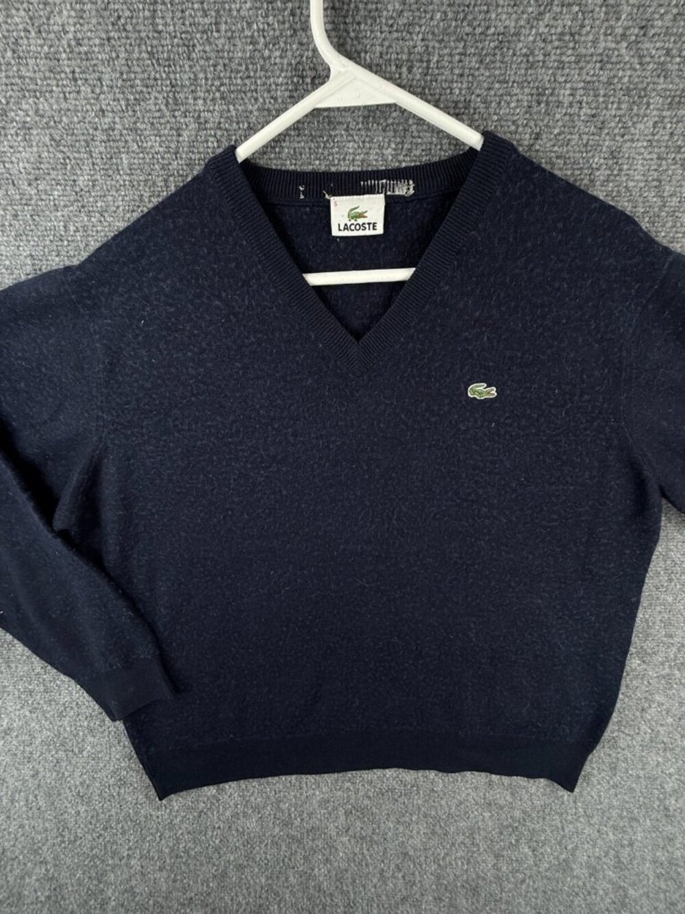 Lacoste Men Sweater Knit Croc Logo Adult Size 5 Navy Blue V Neck Wool Blend